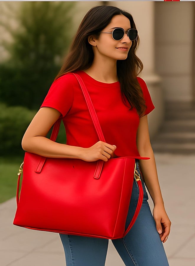 HaveGlam Large Faux Leather Tote Handbag for Women, Shoulder Bag with Gold Hardware, Available in 4 Colour (Red) - Image 2